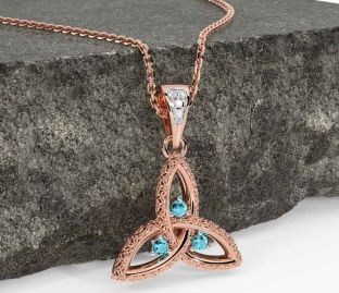Diamond Aquamarine Rose Gold Celtic Trinity Knot Necklace