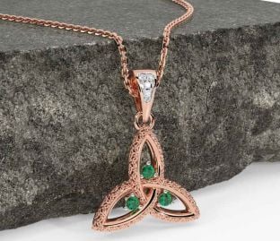 Diamond Emerald Rose Gold Celtic Trinity Knot Necklace