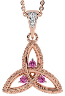 Diamond Pink Tourmaline Rose Gold Celtic Trinity Knot Necklace