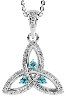 Diamond Aquamarine Silver Celtic Trinity Knot Necklace