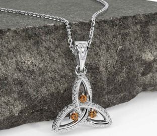 Diamond Citrine Silver Celtic Trinity Knot Necklace