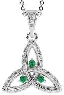 Diamond Emerald Silver Celtic Trinity Knot Necklace