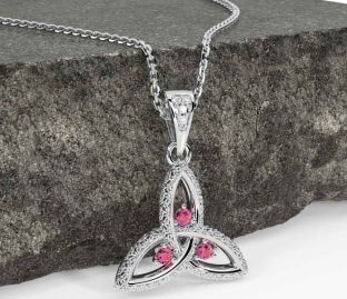 Diamond Pink Tourmaline Silver Celtic Trinity Knot Necklace