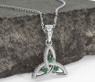 Diamond Emerald White Gold Celtic Trinity Knot Necklace
