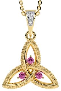 Diamond Pink Tourmaline Gold Celtic Trinity Knot Necklace