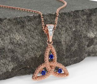 Diamond Sapphire Rose Gold Silver Celtic Trinity Knot Necklace