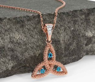 Diamond Topaz Rose Gold Silver Celtic Trinity Knot Necklace
