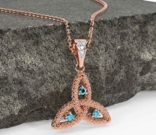 Diamond Aquamarine Rose Gold Celtic Trinity Knot Necklace