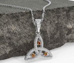 Diamond Citrine Silver Celtic Trinity Knot Necklace