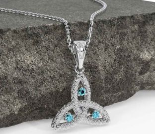 Diamond Aquamarine White Gold Celtic Trinity Knot Necklace
