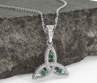 Diamond Emerald White Gold Celtic Trinity Knot Necklace