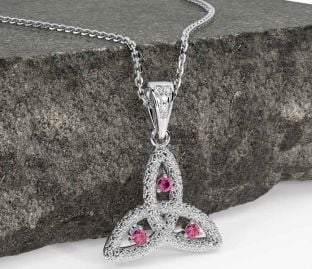 Diamond Pink Tourmaline White Gold Celtic Trinity Knot Necklace