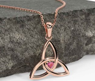 Pink Tourmaline Rose Gold Silver Celtic Trinity Knot Necklace
