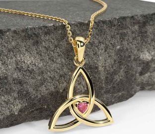 Pink Tourmaline Gold Celtic Trinity Knot Necklace