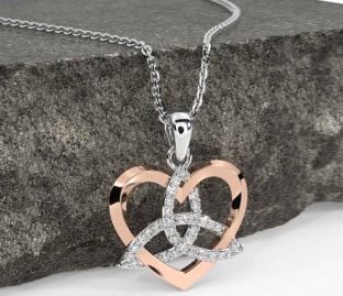 Diamond Rose Gold Silver Celtic Trinity Knot Heart Necklace