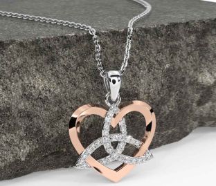 Diamond White Rose Gold Celtic Trinity Knot Heart Necklace