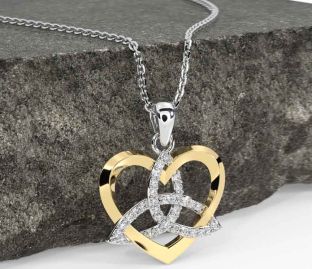 Diamond White Yellow Gold Celtic Trinity Knot Heart Necklace