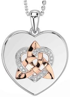 Diamond Rose Gold Silver Celtic Trinity Knot Heart Necklace