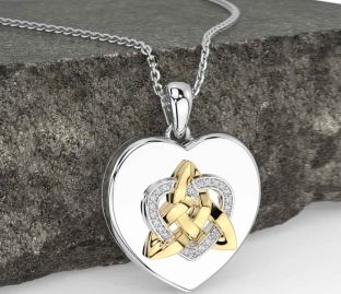 Diamond Gold Silver Celtic Trinity Knot Heart Necklace