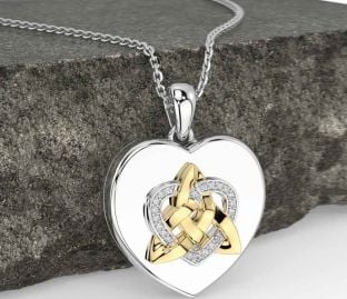 Diamond White Yellow Gold Celtic Trinity Knot Heart Necklace