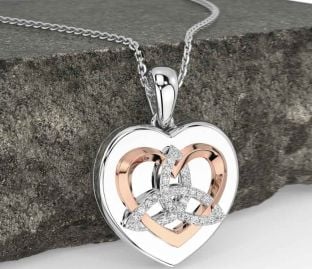 Diamond Rose Gold Silver Celtic Trinity Knot Heart Necklace
