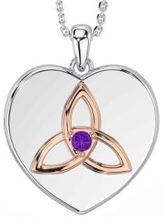 Amethyst Rose Gold Silver Celtic Trinity Knot Heart Necklace