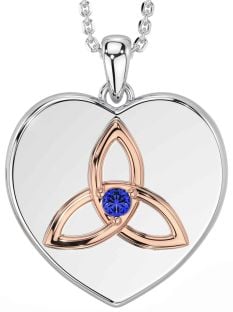 Sapphire Rose Gold Silver Celtic Trinity Knot Heart Necklace