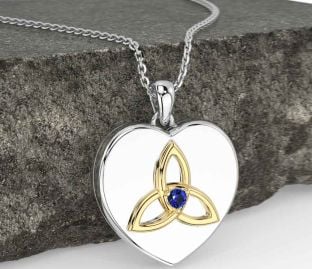 Sapphire Gold Silver Celtic Trinity Knot Heart Necklace