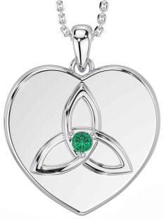 Emerald Silver Celtic Trinity Knot Heart Necklace