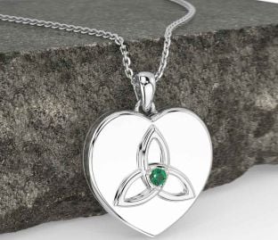 Emerald Silver Celtic Trinity Knot Heart Necklace