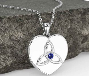 Sapphire Silver Celtic Trinity Knot Heart Necklace