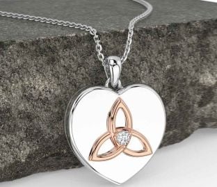 Diamond Rose Gold Silver Celtic Trinity Knot Heart Necklace