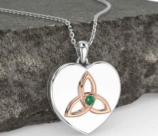 Emerald Rose Gold Silver Celtic Trinity Knot Heart Necklace