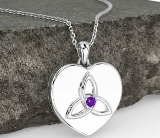 Amethyst White Gold Celtic Trinity Knot Heart Necklace