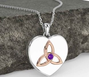 Amethyst White Rose Gold Celtic Trinity Knot Heart Necklace
