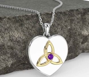 Amethyst White Yellow Gold Celtic Trinity Knot Heart Necklace