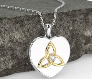 Diamond White Yellow Gold Celtic Trinity Knot Heart Necklace