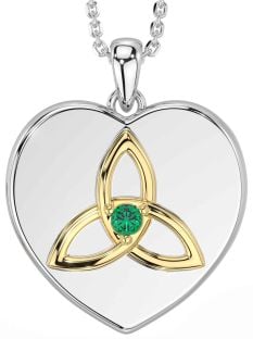 Emerald White Yellow Gold Celtic Trinity Knot Heart Necklace
