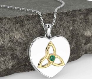Emerald White Yellow Gold Celtic Trinity Knot Heart Necklace