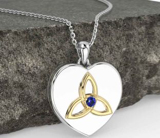 Sapphire White Yellow Gold Celtic Trinity Knot Heart Necklace