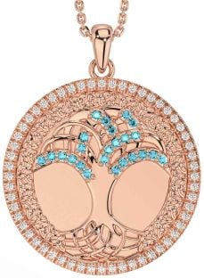 Diamond Aquamarine Rose Gold Silver Celtic Tree of Life Trinity Knot Necklace