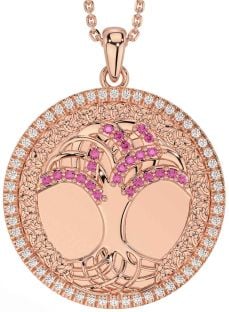 Diamond Pink Tourmaline Rose Gold Silver Celtic Tree of Life Trinity Knot Necklace