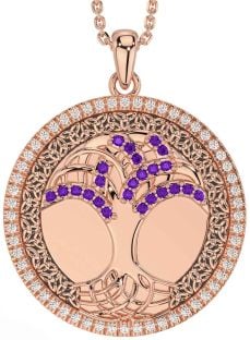 Diamond Amethyst Rose Gold Silver Black Rhodium Celtic Tree of Life Trinity Knot Necklace