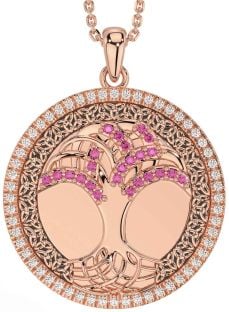 Diamond Pink Tourmaline Rose Gold Silver Black Rhodium Celtic Tree of Life Trinity Knot Necklace