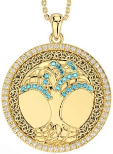 Diamond Aquamarine Gold Silver Black Rhodium Celtic Tree of Life Trinity Knot Necklace