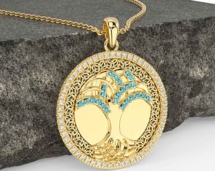 Diamond Aquamarine Gold Silver Black Rhodium Celtic Tree of Life Trinity Knot Necklace