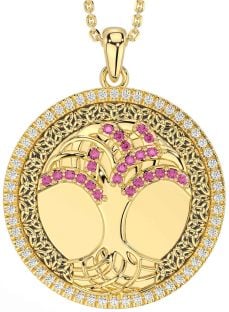 Diamond Pink Tourmaline Gold Silver Black Rhodium Celtic Tree of Life Trinity Knot Necklace