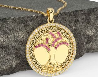 Diamond Pink Tourmaline Gold Silver Black Rhodium Celtic Tree of Life Trinity Knot Necklace