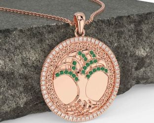 Diamond Emerald Rose Gold Celtic Tree of Life Trinity Knot Necklace