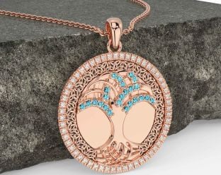 Diamond Aquamarine Rose Gold Black Rhodium Celtic Tree of Life Trinity Knot Necklace